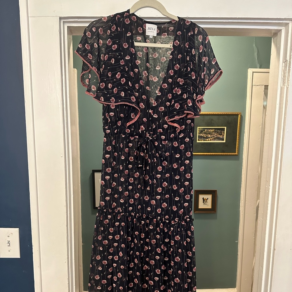 MISA Los Angeles size small dress navy background and pink/purple floral design